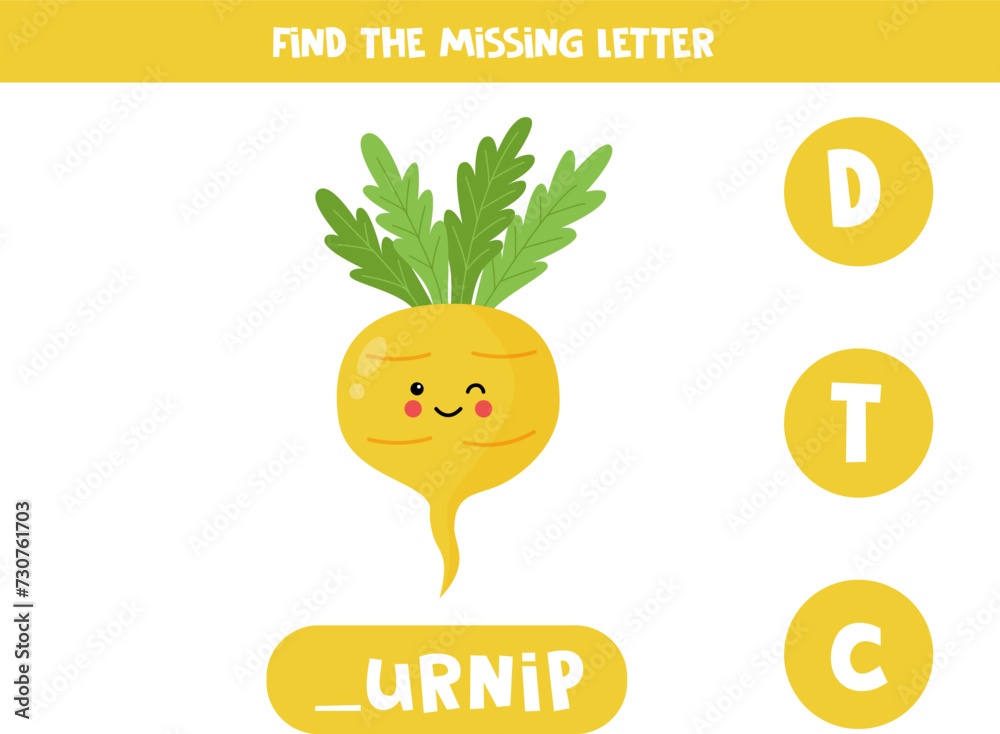 Find missing letter with cartoon yellow turnip. Spelling worksheet