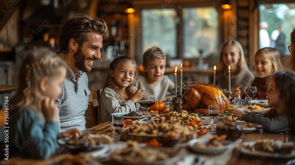 Happy Thanksgiving: A Family Gathering Around a Table Full of Food and Wine Generative AI Happy Thanksgiving: A Family Gathering Around a Table Full of Food and Wine Generative AI