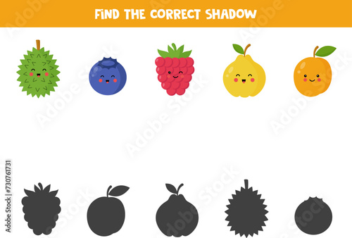 Find shadows of cute kawaii fruits and berries. Educational logical game for kids.