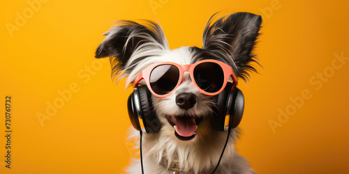 Happy dog wearing headphones and modern sunglasses listens to music on a yellow background. Banner. funny meme