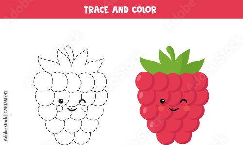 Trace and color cute raspberry. Printable worksheet for children.