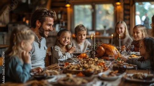 Happy Thanksgiving  A Family Gathering Around a Table Full of Food and Wine Generative AI