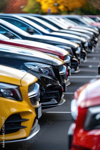 A row of parked cars in a parking lot. Can be used to depict urban life or transportation