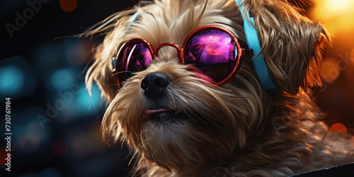 Happy dog in glasses and headphones listens to music on a black background. Nightlife, party. Funny meme © syhin_stas