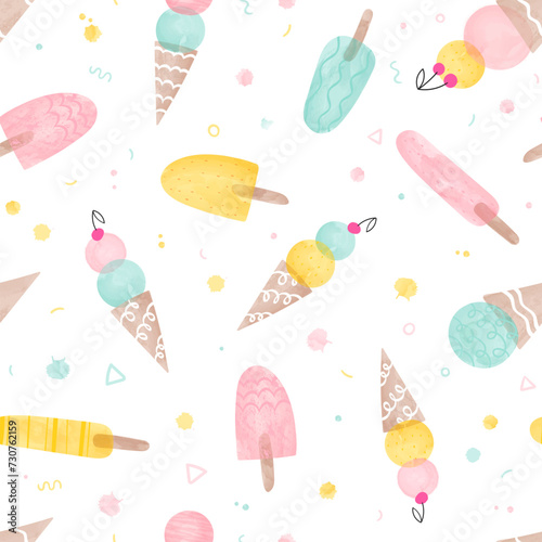 Seamless icecream pattern drawn with water colors - seamless background texture, great for summer themed fabrics, wallpapers, menus or banners.