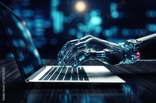 Robot hand typing on laptop. Advancing business and technology with futuristic innovation in artificial intelligence, enhancing communication and efficiency in the digital landscape