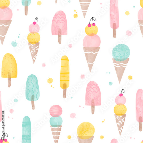 Seamless icecream pattern drawn with water colors - seamless background texture, great for summer themed fabrics, wallpapers, menus or banners.