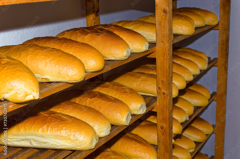 Fresh bread resting on shelves before transportation to the shops.
