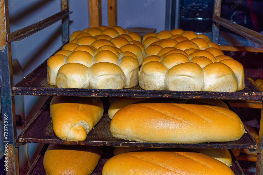 Fresh bread resting on shelves before transportation to the shops.