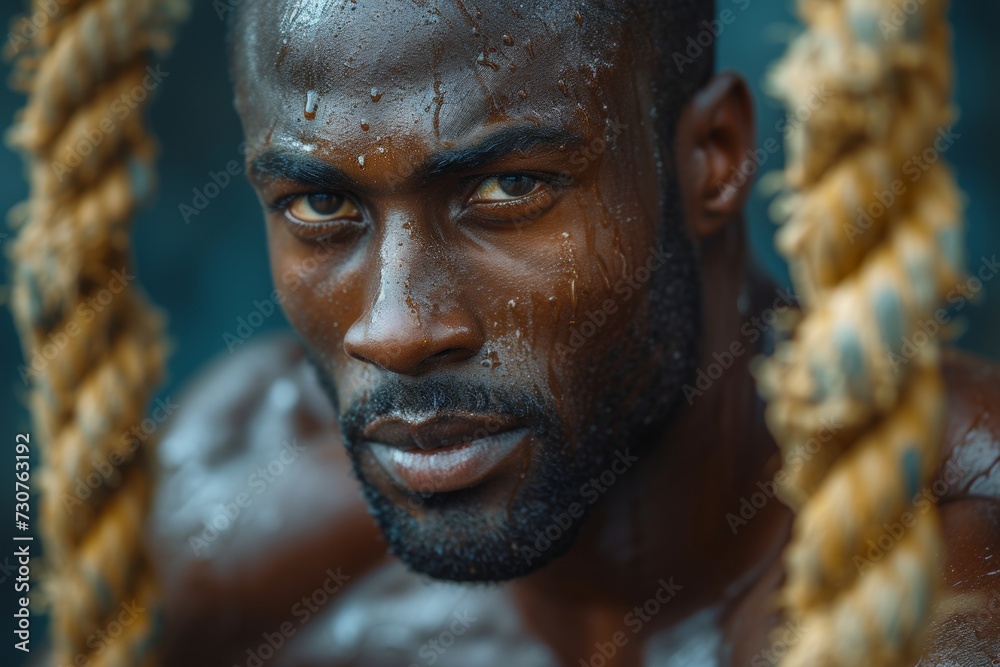 Determined athlete with battle ropes in gym Determined athlete with battle ropes in gym