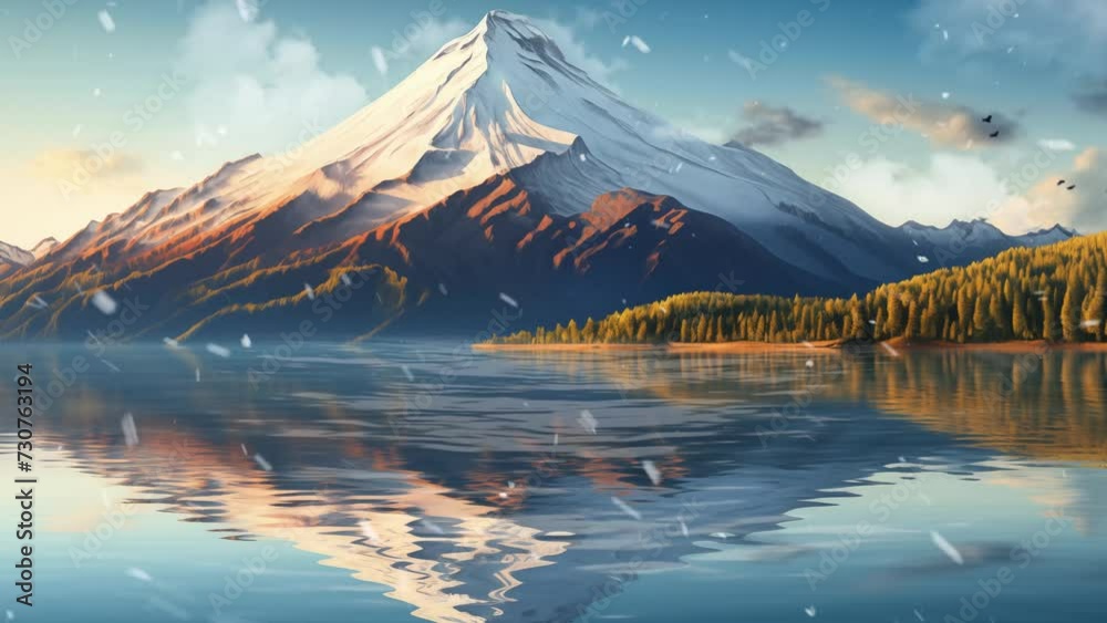 volcanic mountain in morning light reflected in calming lake.  seamless looping overlay 4k virtual video animation background 