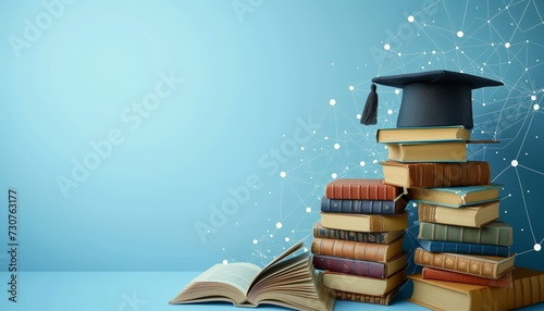 3d of hat, book on blue background. Modern flat design isometric concept of Education for website photo