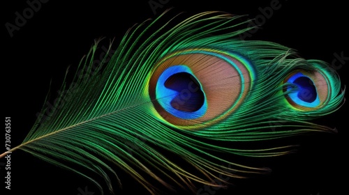 A close-up view of a vibrant peacock feather against a dark black background. This image can be used to add a touch of elegance and beauty to various design projects