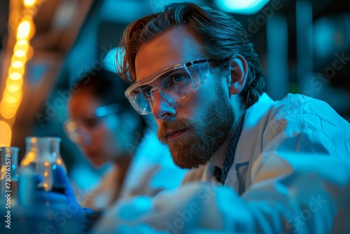 Scientists analyzing data in a neon-lit lab