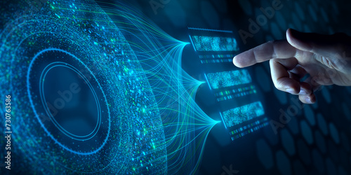 Big data analysis with AI technology. Person using machine learning and deep learning neural network for data science, data mining, business analytics, automation, data engineering. Glowing particles.