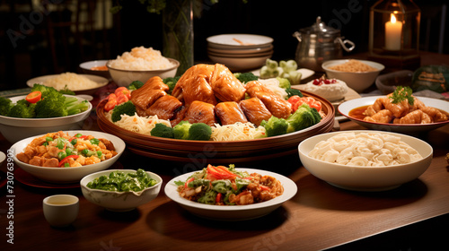 Set of Chinese food on wooden dining table in a restaurant, various snacks, pastries © boule1301