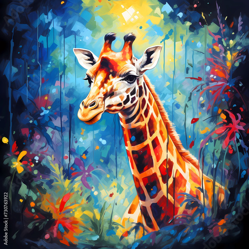 giraffe  colorful summer animal illustration  drawn by oil paints  jungle