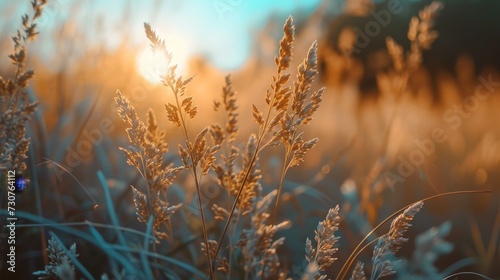 Sunset over the meadow with reed. Beautiful nature background