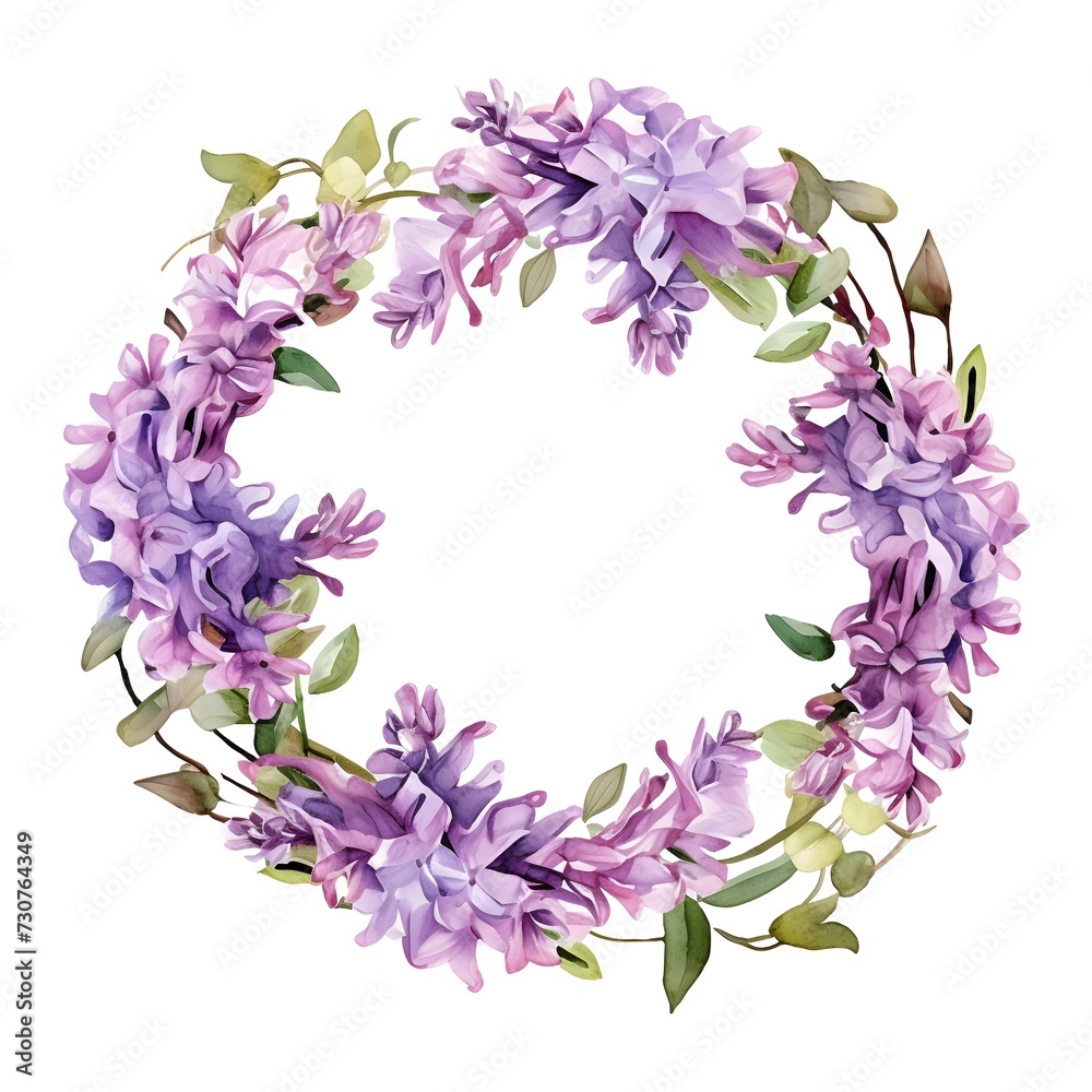 Watercolor delicate round Hyacinths flower wreath isolated on white background for spring season nature concept Watercolor delicate round Hyacinths flower wreath isolated on white background for spring season nature concept
