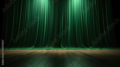 A stage with green curtains and a wooden floor. Suitable for theater performances, dance recitals, and musical concerts