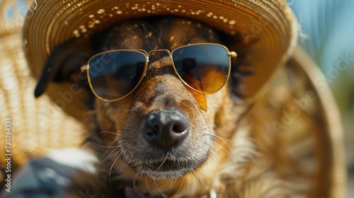 A dog wearing sunglasses and a straw hat. Perfect for summer-themed designs and promotions