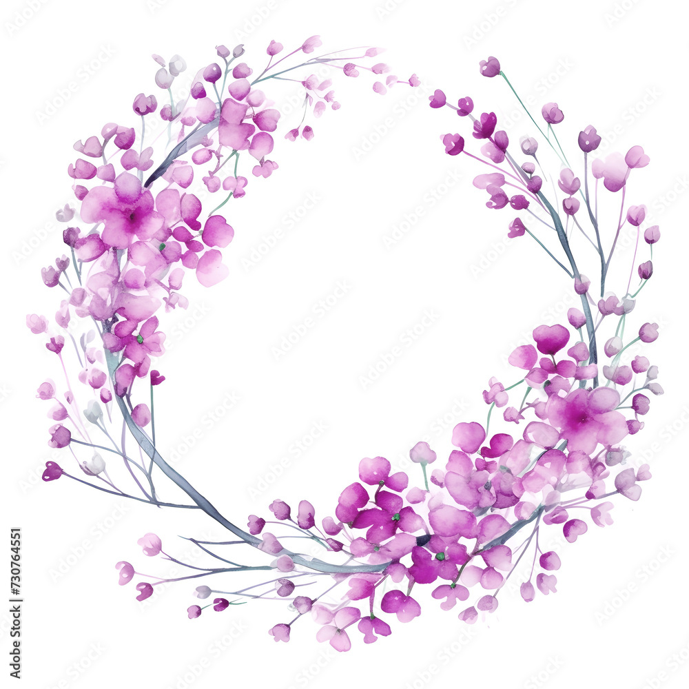 Watercolor delicate wreath of purple Gypsophila flowers on white background for banner card invitation greeting decoration Watercolor delicate wreath of purple Gypsophila flowers on white background for banner card invitation greeting decoration
