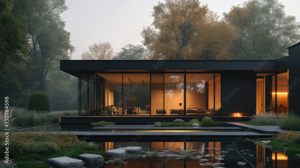 A view from the rear of a black house, contemporary glass. Generative AI. A view from the rear of a black house, contemporary glass. Generative AI.