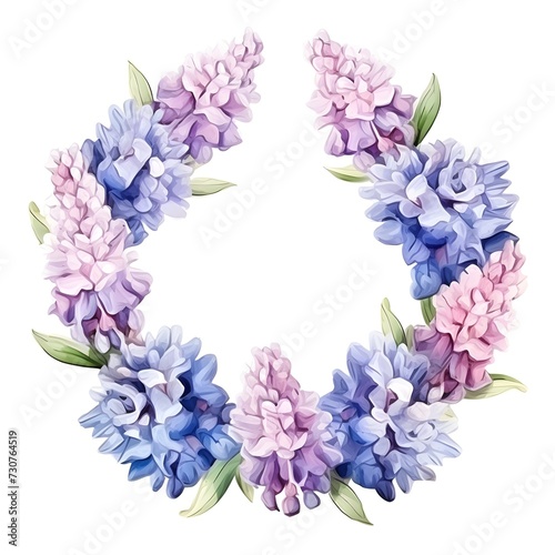 Watercolor purple blue Lilac flower wreath isolated on white background for spring holiday season nature decoration