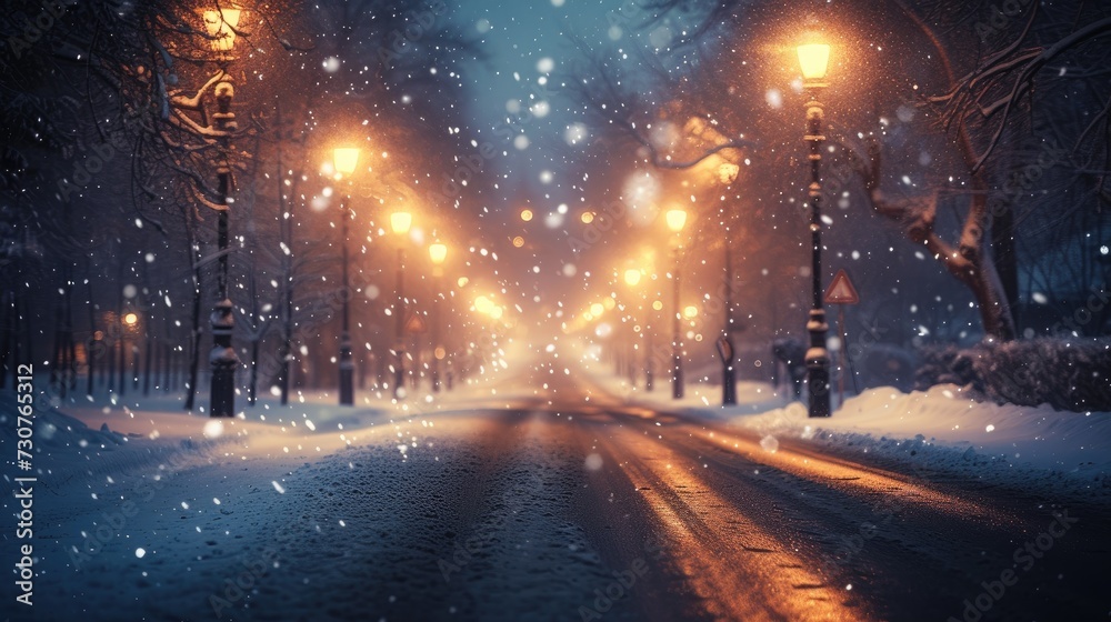 In the city coated in snow, the street lights are on. Generative Ai.