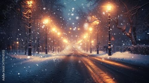 In the city coated in snow, the street lights are on. Generative Ai. © Concept Killer