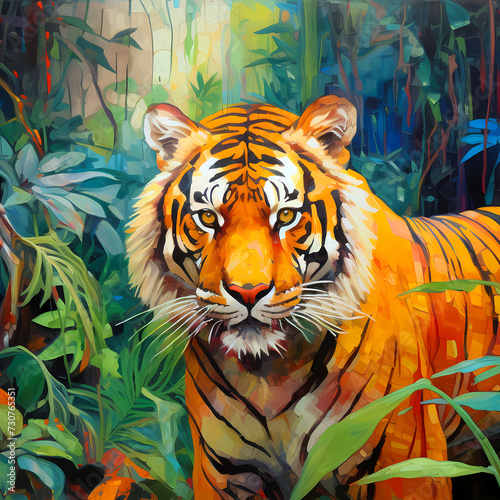 Siberian tiger (Amur tiger) or Bengal tiger, rawn by oil paints, colorful background photo