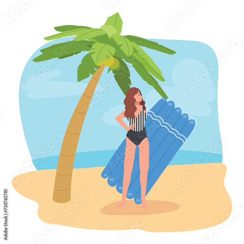 Woman with Rubber Raft Enjoying Beach Vacation.  Woman Relaxing on Sandy Beach with Rubber Raft