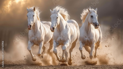 Three white arabian horse free run close up portrait against the backdrop of a thunderstorm