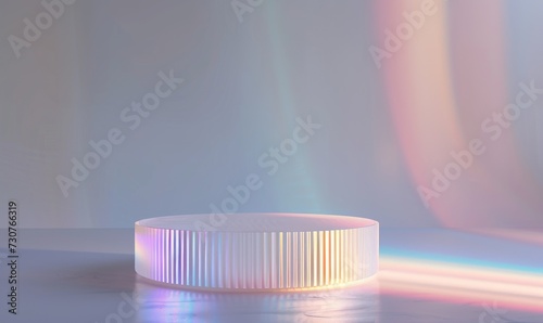 Round ribbed glass transparent podium, with holographic light effects on soft-toned background, with copy space 