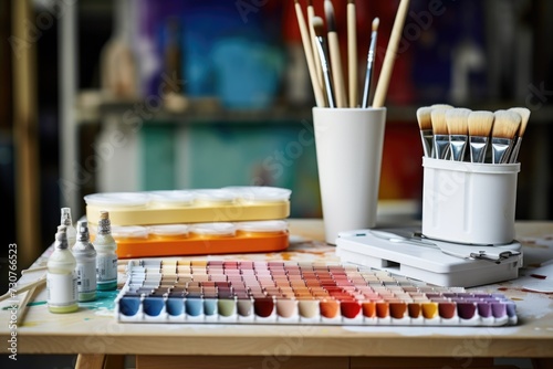 A wooden table with a variety of paint and brushes. Ideal for artistic projects and creative endeavors