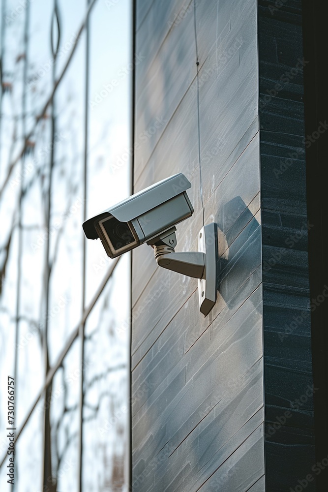 A security camera mounted on the side of a building. Can be used for surveillance and monitoring purposes A security camera mounted on the side of a building. Can be used for surveillance and monitoring purposes