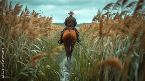 A guy in the middle of the long grass on horseback. Generative Ai.