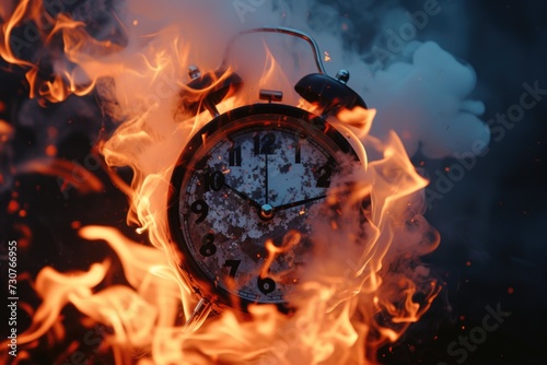An alarm clock engulfed in flames, emitting smoke. Suitable for concepts related to urgency, time running out, or a situation going up in smoke photo