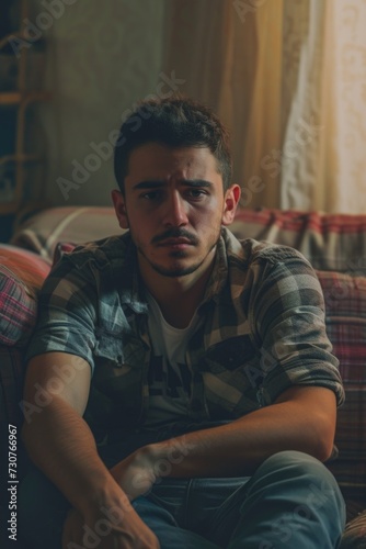 A man is sitting on a couch in a cozy living room. This image can be used to depict relaxation, comfort, and home life © Fotograf