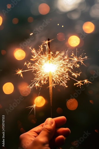 A person holding a sparkler in their hand. Perfect for celebrating special occasions or adding a touch of magic to any event