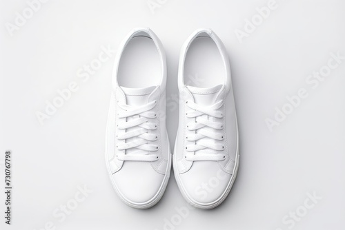 White sneakers placed on a white surface. Suitable for fashion, sport, and lifestyle themes