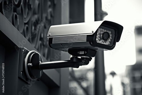 A security camera mounted on the side of a building. Suitable for surveillance and monitoring purposes