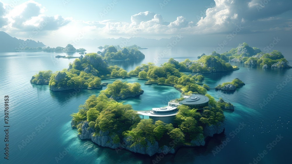 Archipelago with a deck, surrounded by many islands, blue ocean. Generative AI.