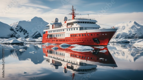 Red cruise ship in Antarctica among the ice floes photo