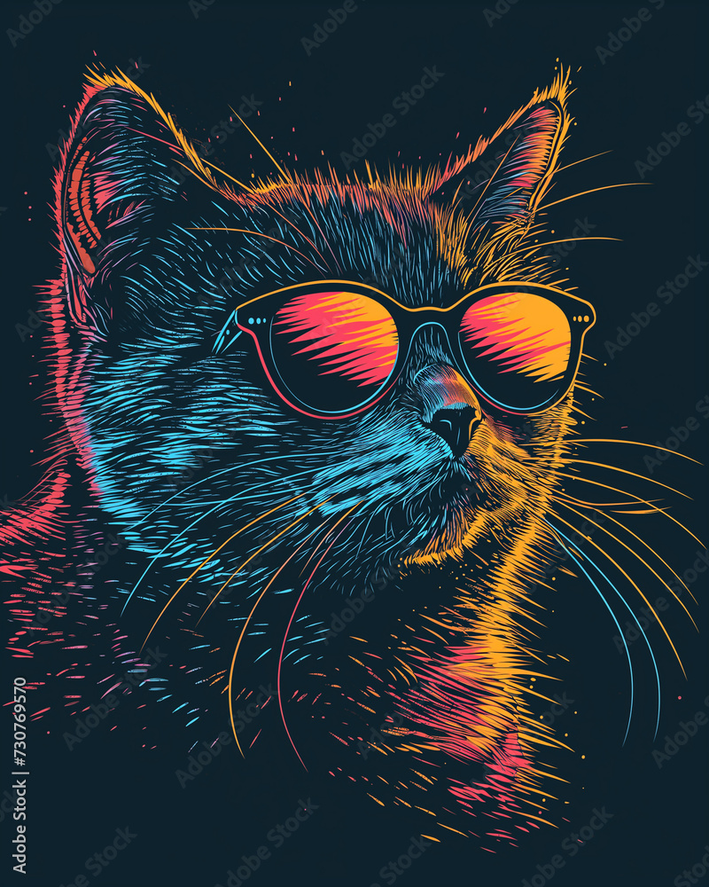 Portrait of a cat on a black background wearing sunglasses, modern print for clothes, t-shirts.