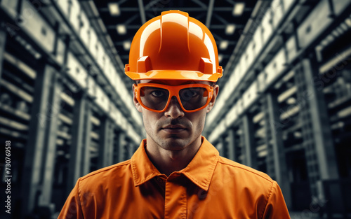 Worker wearing hardhat and safety glasses in industry. Ensuring safety and success in engineering and manufacturing, a portrait of professionalism and Commitment to Protection in the Workplace © remake