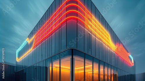 A rectangular 3 story building with a parametric thin horizontal wave like louvers, they light up with white, red and yellow led colors. Generative AI. photo