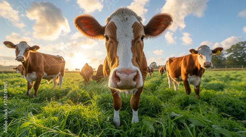 Cows on a green field and blue sky.