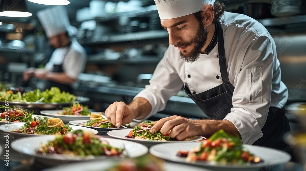 A chef at a restaurant is creating gourmet sets in the kitchen, ready to provide customers with a sumptuous dining experience. Generative AI.
