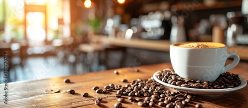 A wooden table holds a saucer with a cup of coffee, accompanied by coffee beans. The wood, coffee, and beans create a delightful scene.